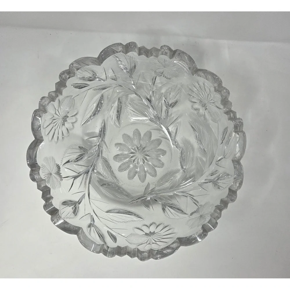 Antique American Brilliant Cut Crystal  Bowl 8in Hobstar Pinwheel Sawtooth Rim